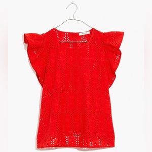 NWT Madewell Eyelet Crewneck Flutter-Sleeve Top Size S